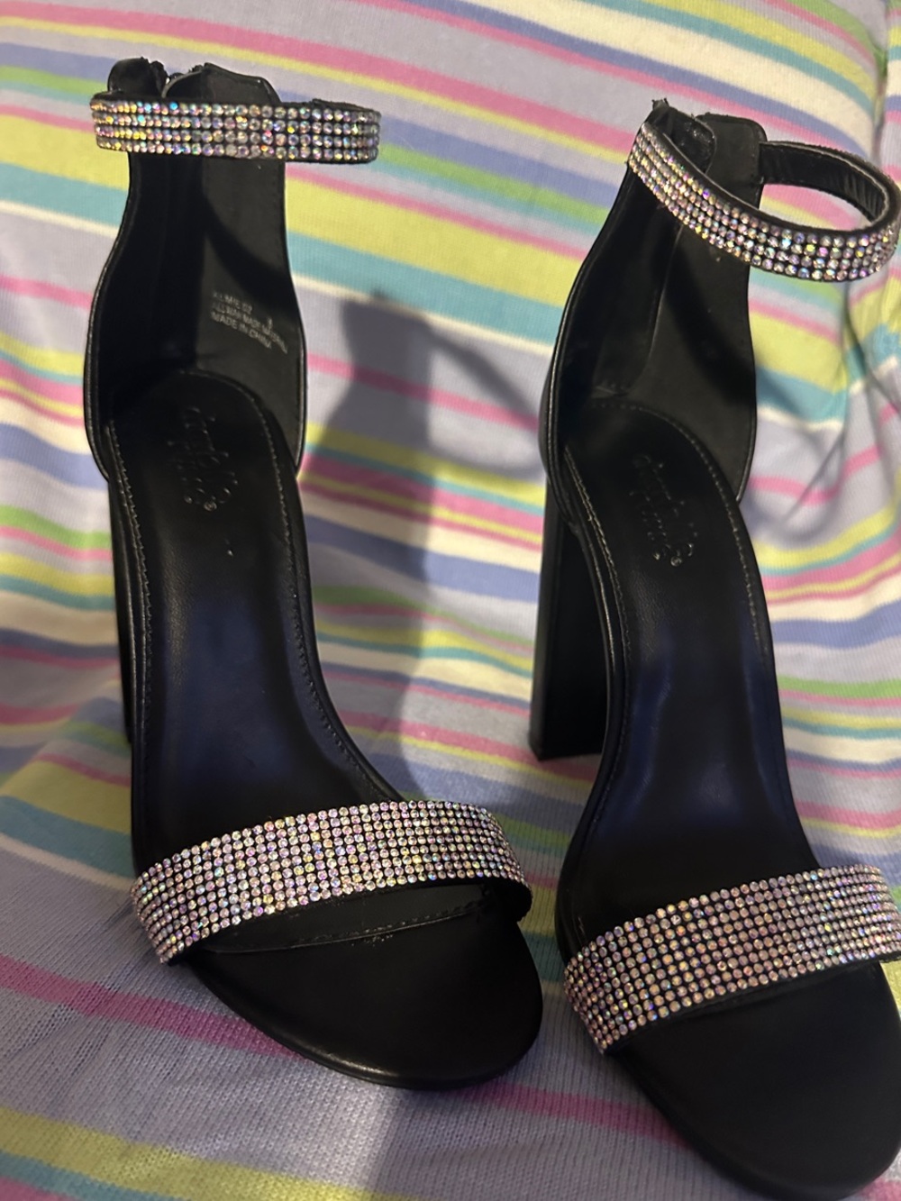 Charlotte Russe Black Rhinestone Strap Block Heels